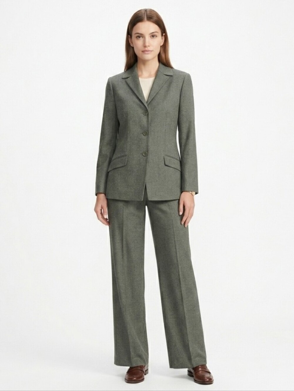 Le Suit Pant Suit Size 12 Green Herringbone Side Zip Pleated Wide Leg Pants
